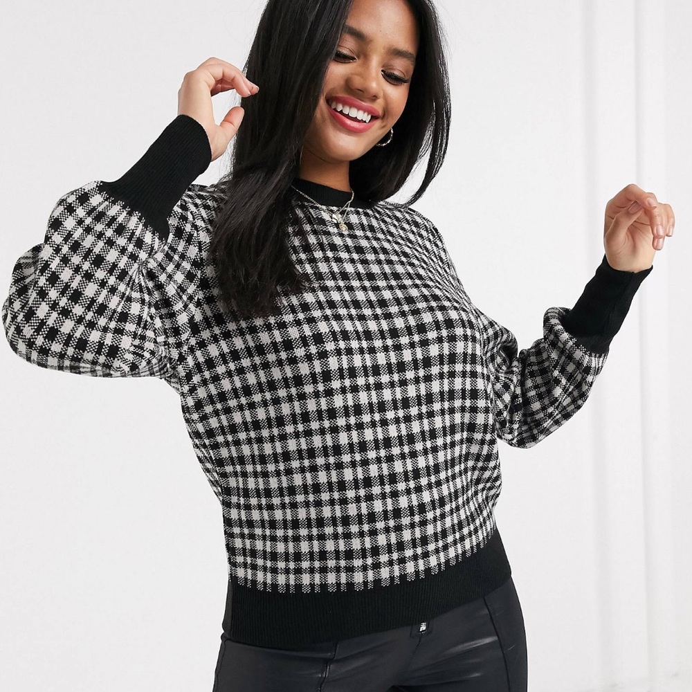 ASOS design sweater with puff shoulder in check point black and white si…